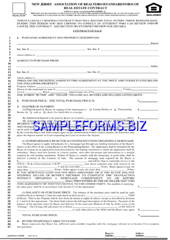New Jersey Association of Realtors Standard Form of Real Estate Contract pdf free